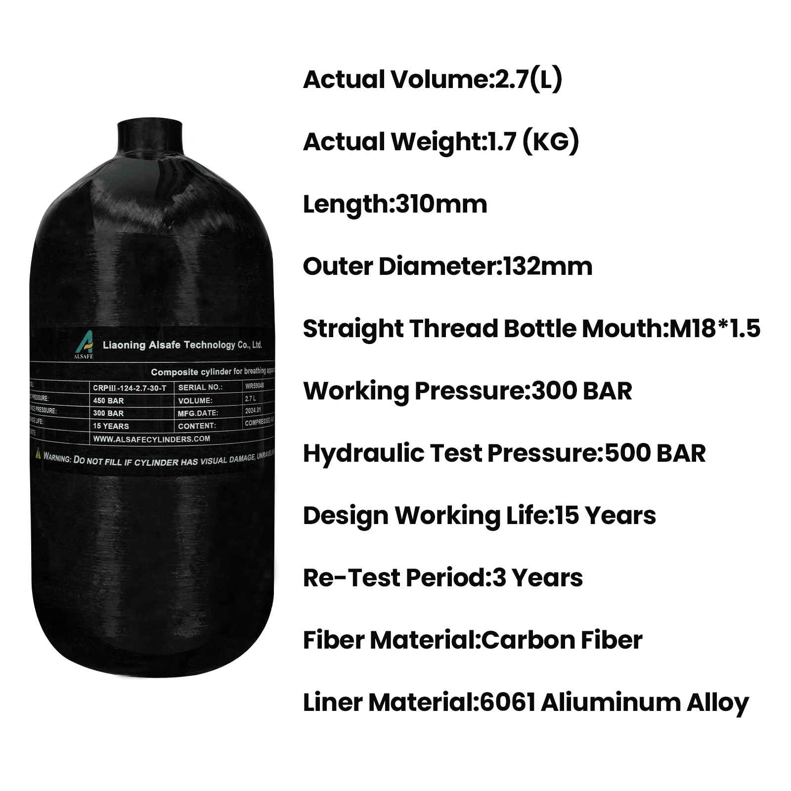 Imagem -04 - Tuxing 300bar 4500psi 2.7l Cilindro de Fibra de Carbono Cilindro o com Válvula Reguladora Tanque Hpa para Mergulho M18 1.5 de Alta Pressã