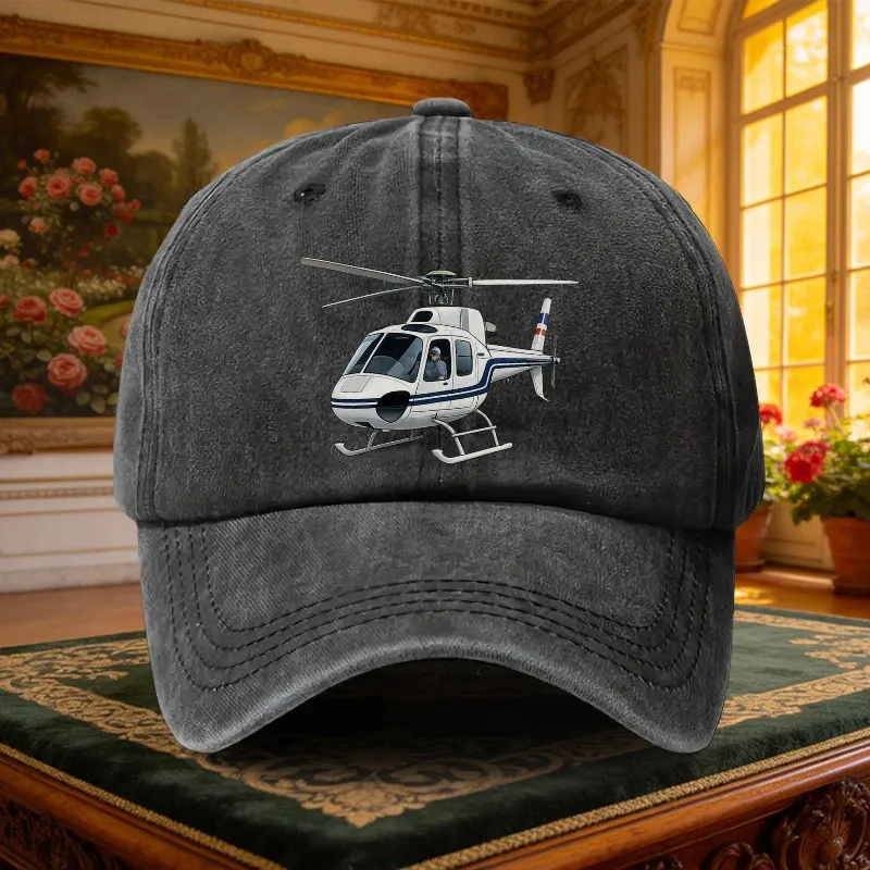 Helicopter Print Baseball Cap Unisex Adjustable Cotton Washed Denim Hat for Outdoor Travel Aviation Enthusiasts