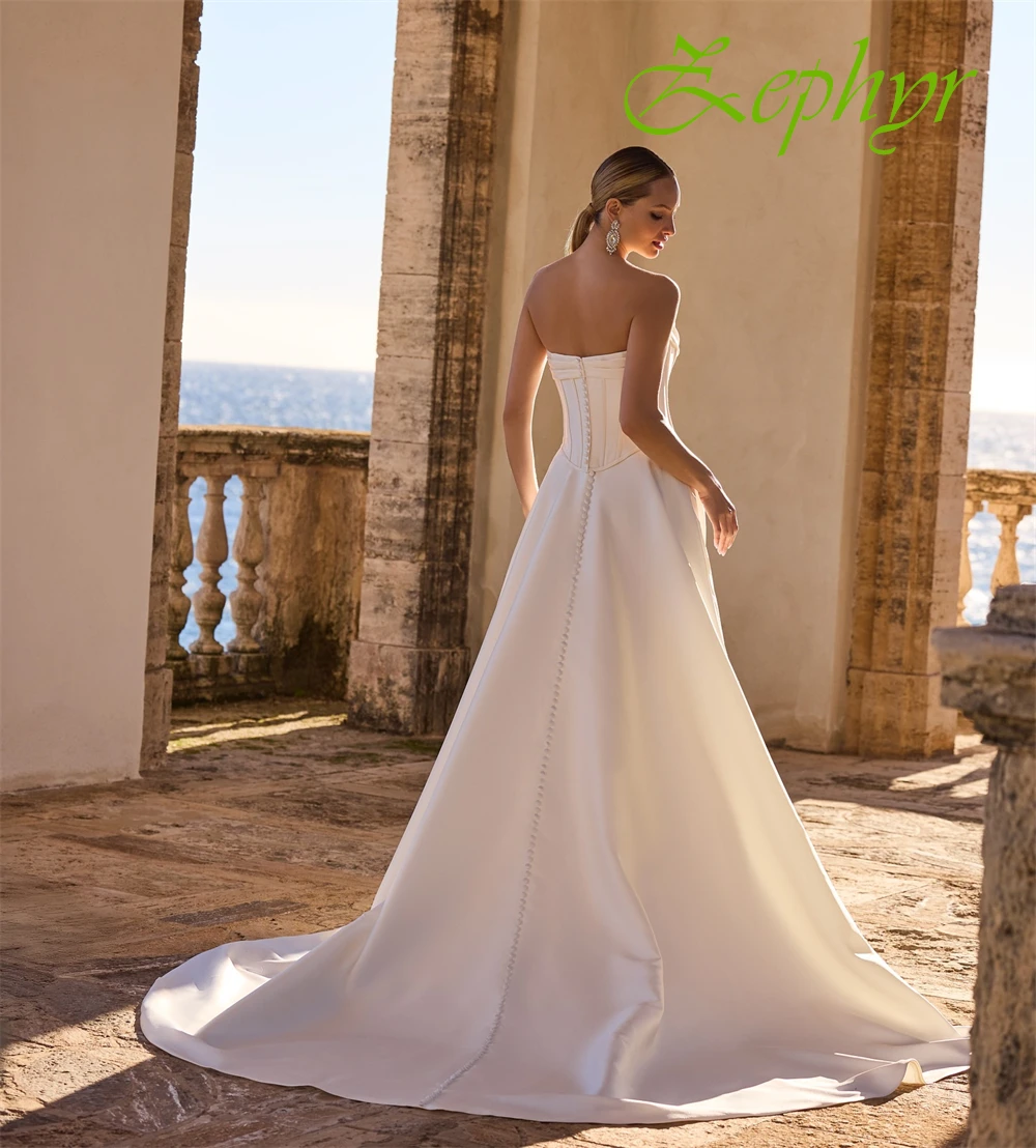 Элегантное белое атласное свадебное платье по индивидуальному заказу, официальное свадебное платье без бретелек без рукавов, трапециевидное платье в стиле бохо со шлейфом, Vestido De Novia