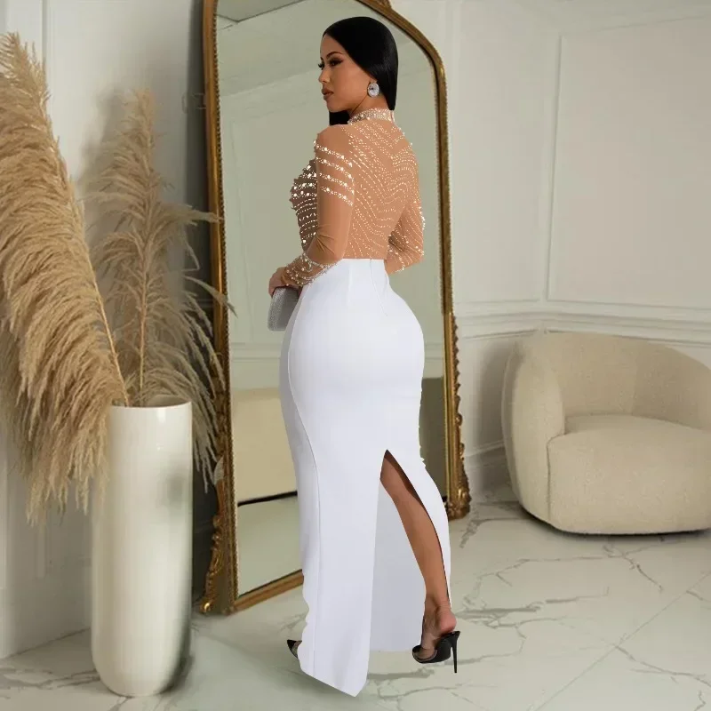 GUWU Heißer Strass Perle Frauen Lange Hülse O-ansatz Bodycon Bodenlangen Langes Kleid Diamanten Sexy Party Abend Prom Kleider