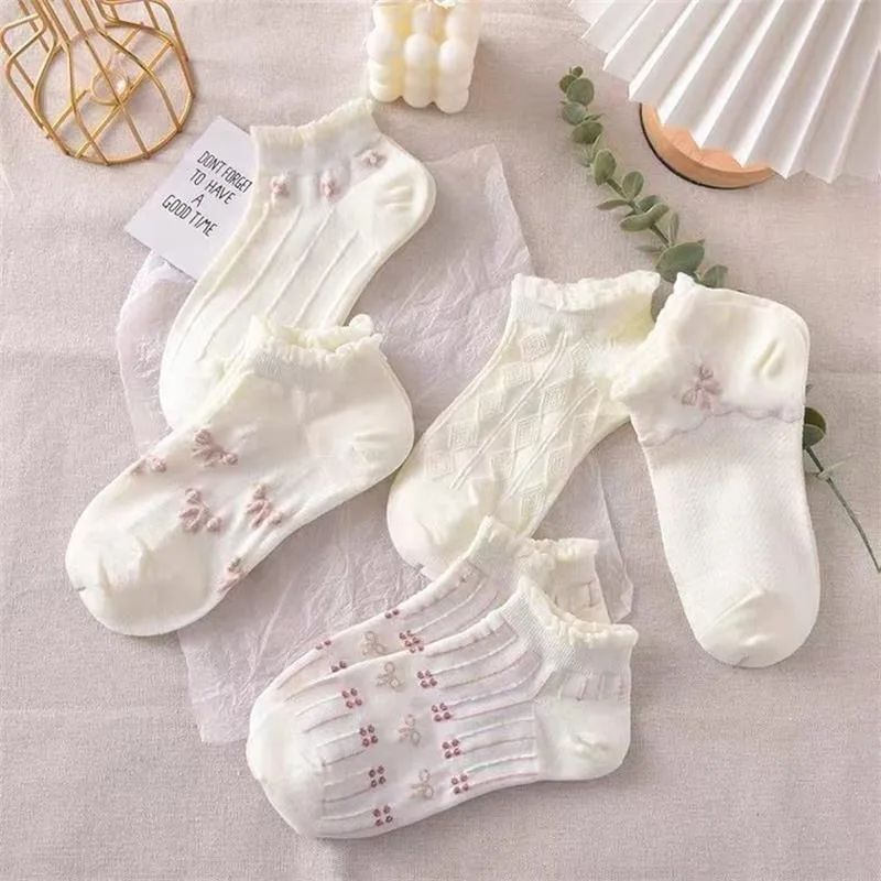 New 5pairs Woman Lace Short Summer Socks Japanese Lovely Sweet Wicking Sweat Cotton Lolita Style Princess Hosiery High Quality