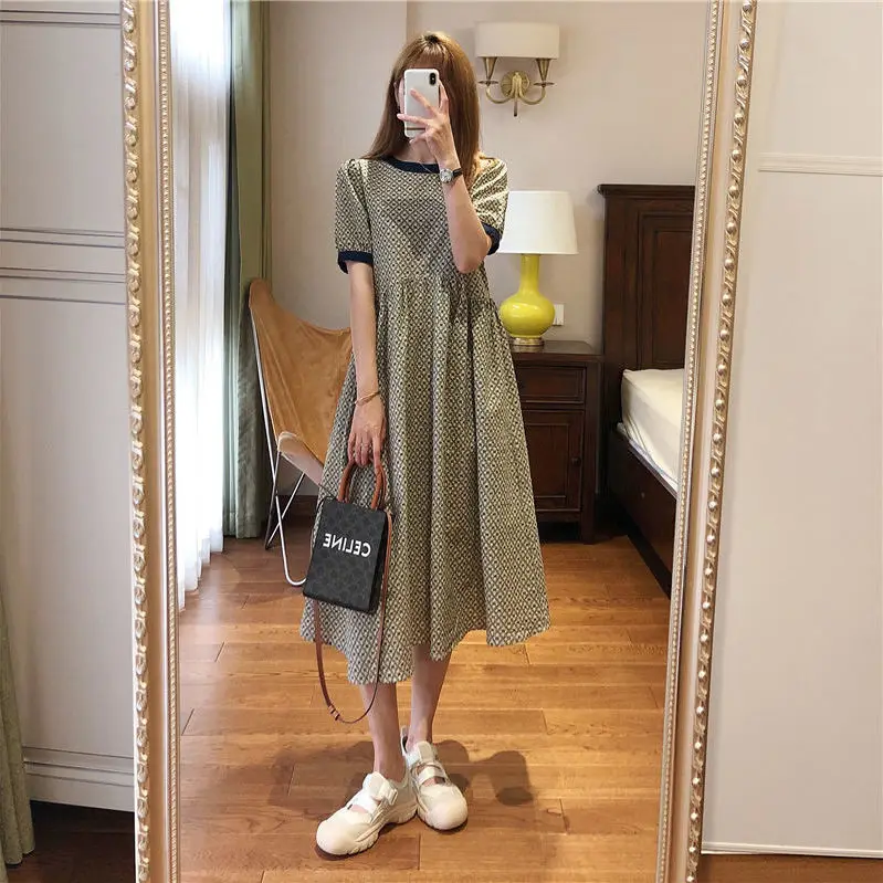 

Temperament Retro Plaid Loose Fitting High Waisted Dress For Women's 2024 Summer Short Sleeved Printed Dress