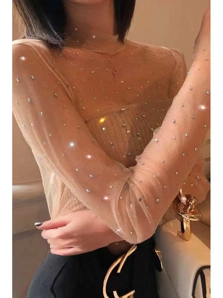 Shiny Lace Mesh Base Shirt Women's Style Transparent Design Long Sleeve Commute Fashion Simple Standard Fit Daily Wear