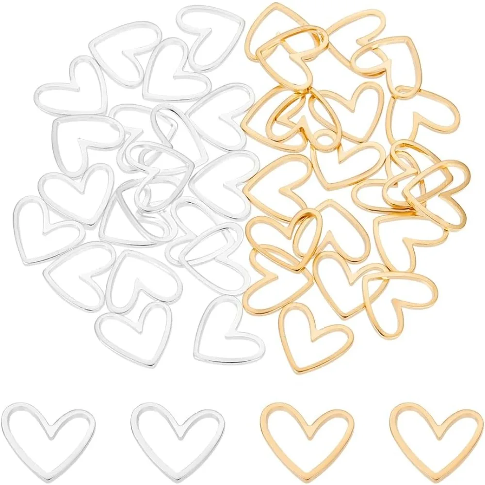 

40Pcs 2 Colors 24K Gold Plated Heart Charm Love Heart Linking Ring Valentine's Day Jewelry Connectors Frames Connectors kit