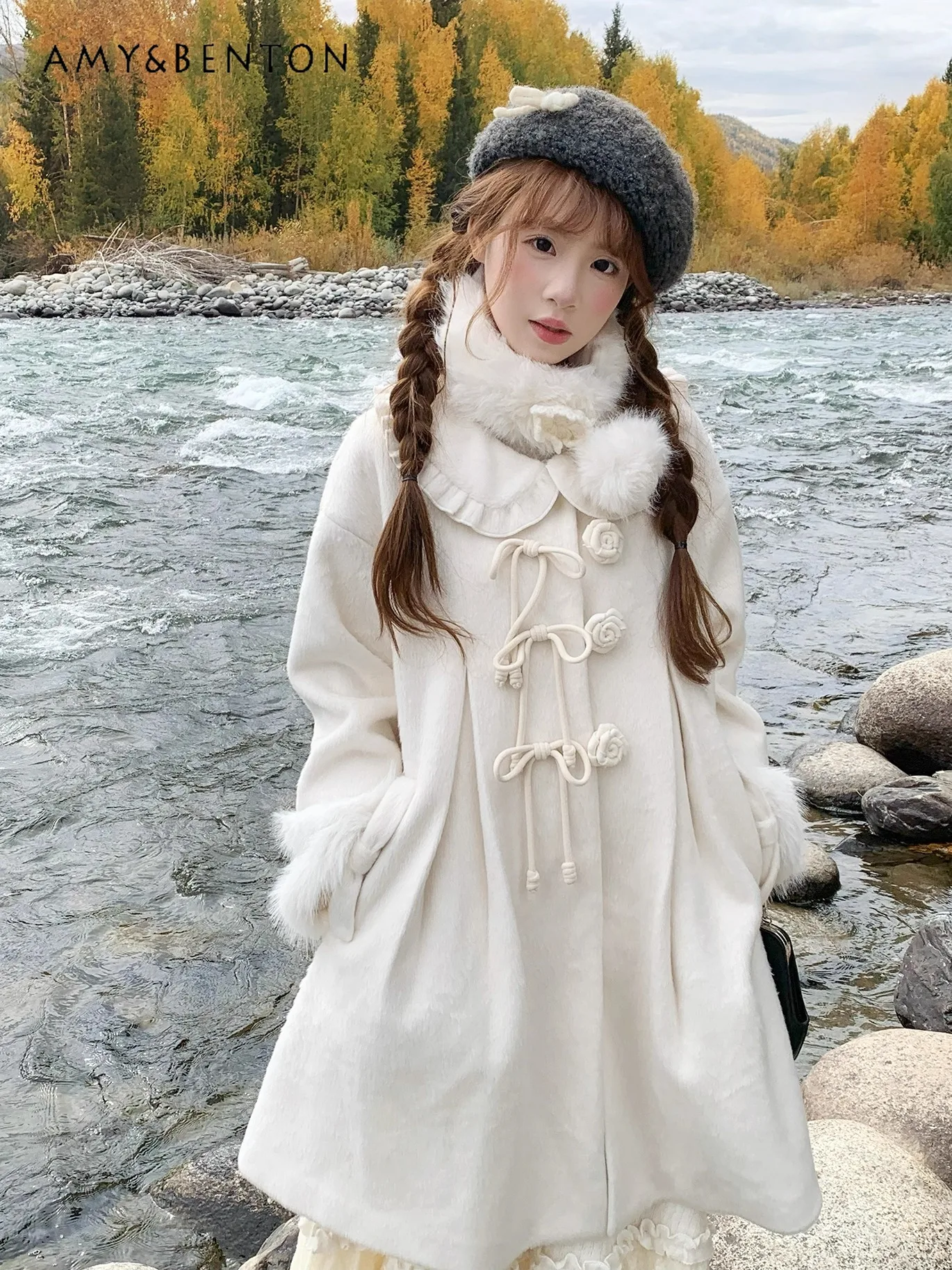 

Sweet Girl White Fur Collar Patchwork Long Sleeve Mid-Length Wool Coat Cute Doll Collar Single-Breasted Loose Winter Coat Women