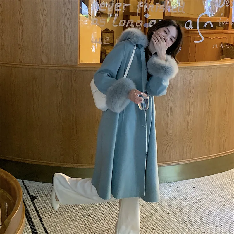 2024 autumn and winter new high-end double-sided cashmere coat hooded fox fur collar medium long woolen fur coat for women