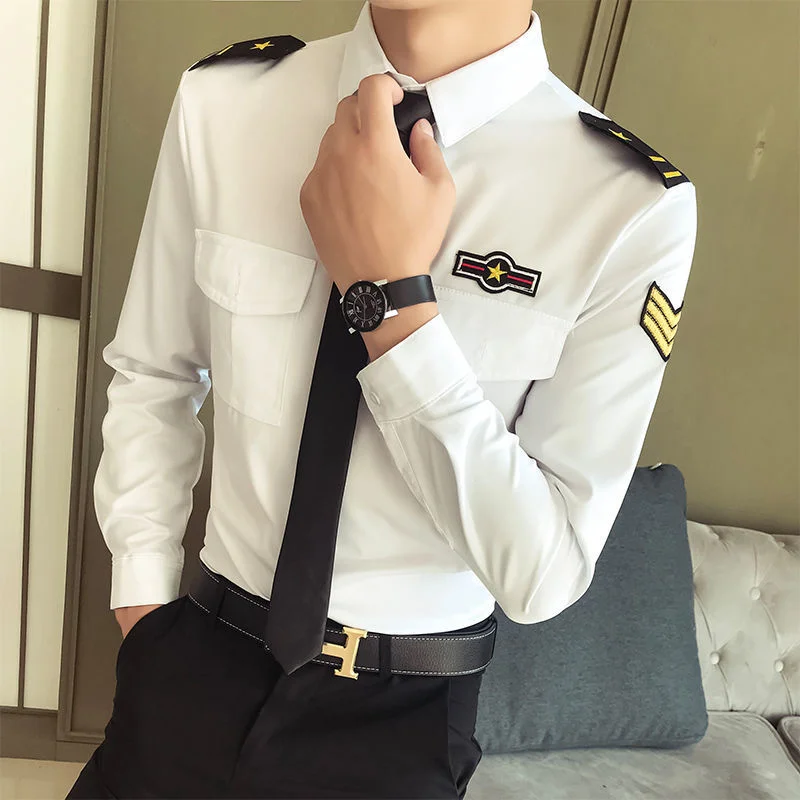 

Social Young Men's Long-sleeved Korean Shirt Ktv Camisa Masculina Slim Fit Fitting Work Dress Uniform Barber Shirt White