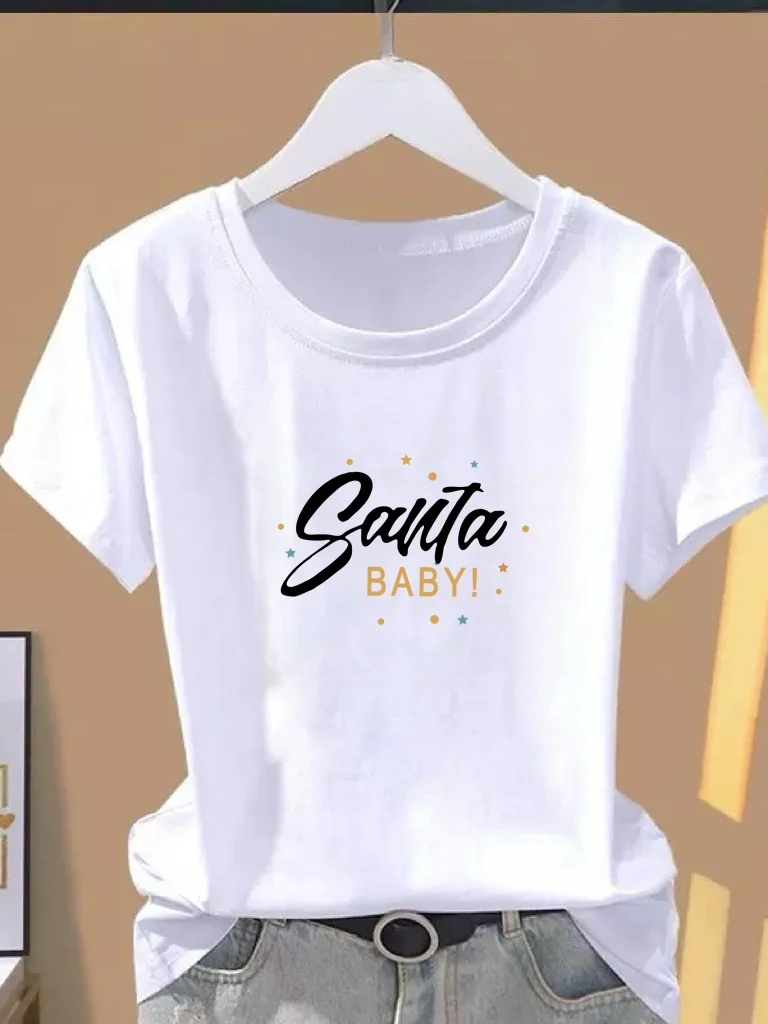 

Casual Style Short Sleeve T-Shirt Women's Loose round Neck Letter Print Top Slimming Anti-Aging Mom Clothes Luxury Goods