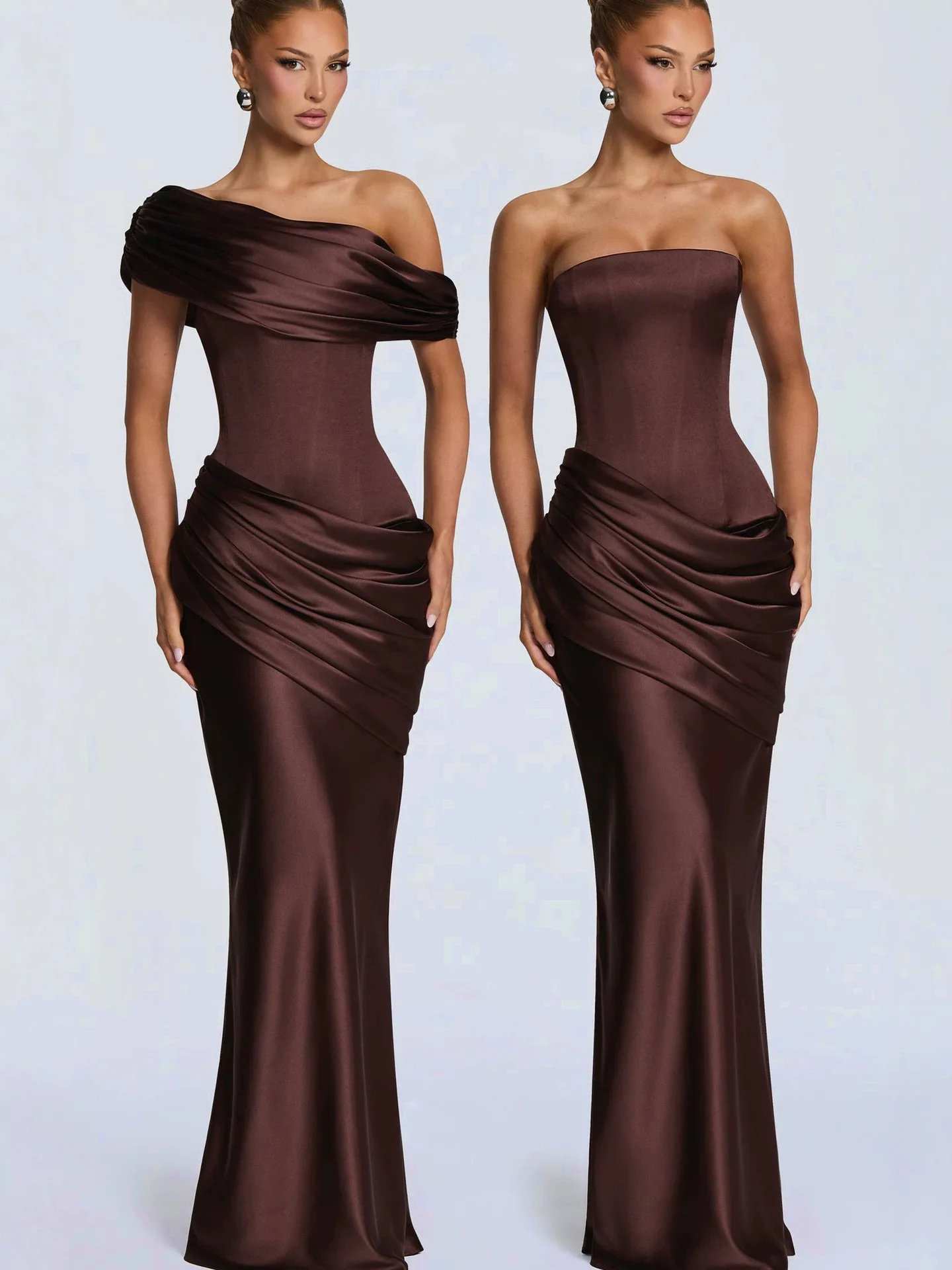 Robe longue moulante sans manches en satin marron élégante pour femme, à épaules dénudées amovibles et froncée, robe de soirée longue pour 2026, sexy, pour fêtes et clubs