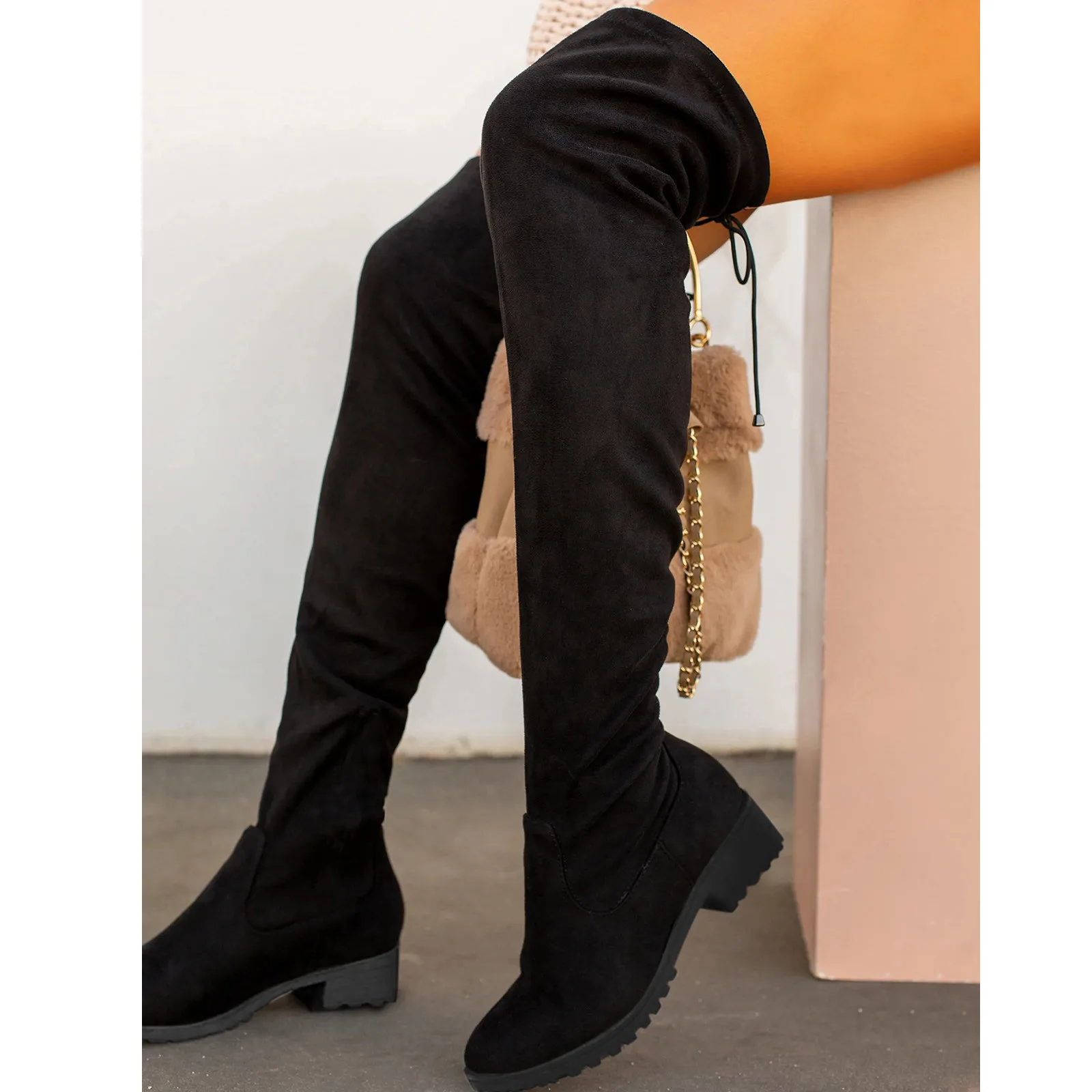 Faux Suede Square Heels Elastic Knee-high Boots for Women Tube Lace-up Slim Velvet Warm Thigh High Boots Black Botas Mujer 2023