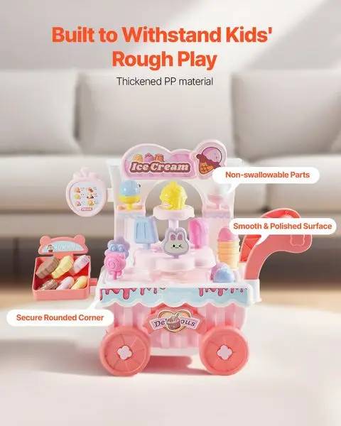 Carrinho de sorvete para crianças fingir jogar loja de sorvete para crianças de 3 anos ou mais rosa
