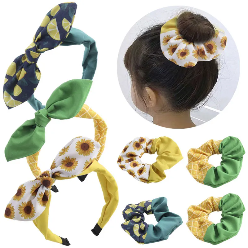 Diadema con estampado de girasol para niña, 2 piezas, lazo bonito, Aro para el pelo, soporte para cola de caballo, cintas para el pelo con lazo encantador, accesorios para el cabello