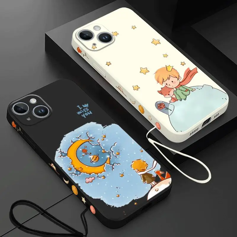 The Little Prince Fox Rose Phone Case for iPhone 15 Pro Max 14 Plus 13 12 11 Pro XS Max X XR 15 7 8Plus Square Liquid Cover