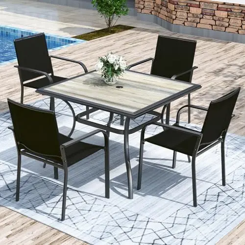 Outdoor Dining Table with Square Wooden-Like PVC Table Top and Umbrella Hole for Bistro, Garden, Poolside, Backyard