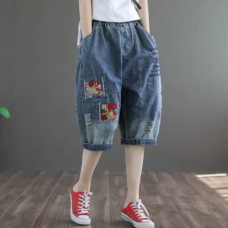 Women\'s Jeans Cropped 2024 Trend Baggy Pant Woman High Waist Mom Oversize Pants Wide Leg Waisted Ripped Graphic Embroidery