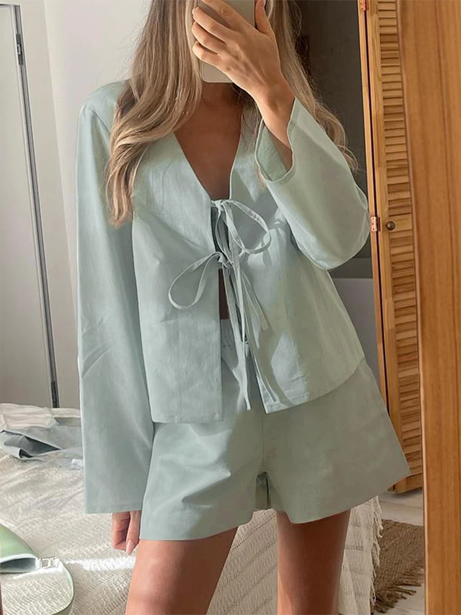 2024 Autumn Tie up Blouse Women Sets Vent Sides Bow Lace Up V Neck Loose Shirt Oversize Top  Wide Leg Short Suits Y2K