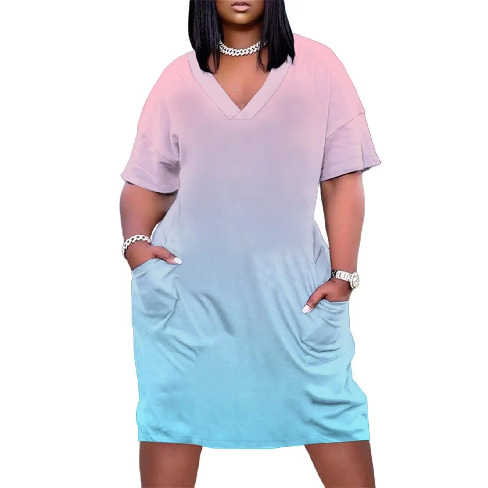 

Pink Blue Pastel Ombre Gradient Loose Pocket Dress women's summer jumpsuit summer dress