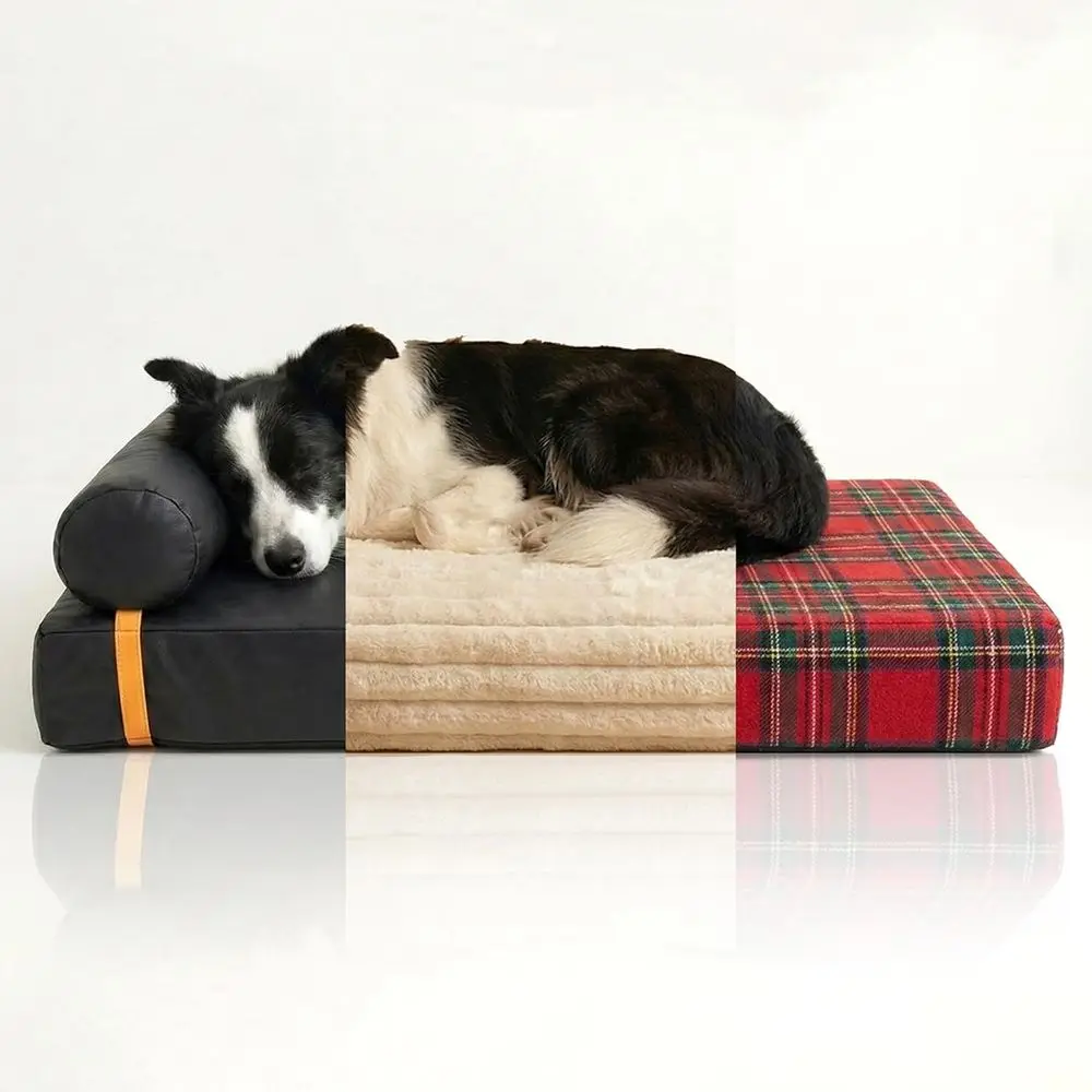 

Orthopedic Dog Bed with 3 Interchangeable Covers (Leather, Plush, Plaid) – 4.4" Thick Waterproo Memory oam Pet Mattror Medium to