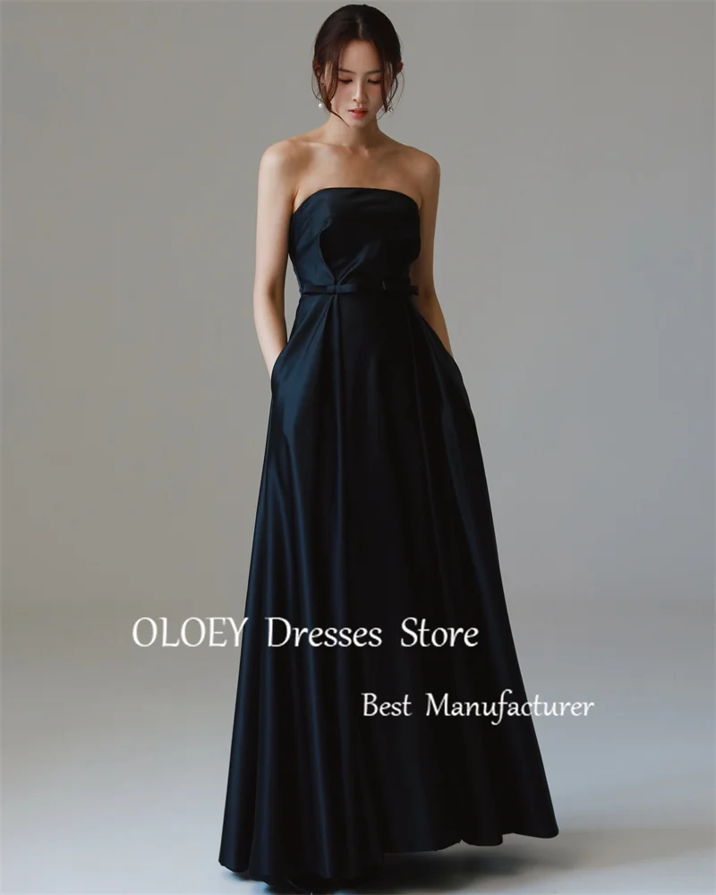 

OLOEY Simple Black Evening Dresses Korea Wedding Photoshoot Strapless Satin Floor Length Long Formal Party Dress With Pockets
