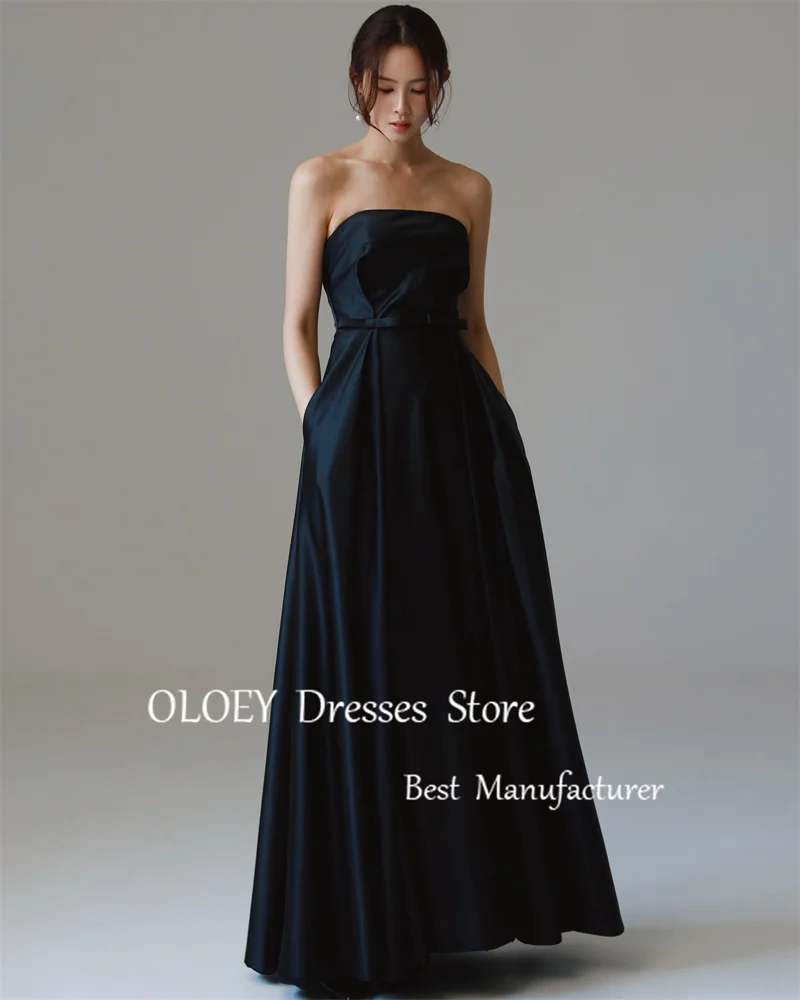 OLOEY-Robe de soirée noire en satin sans bretelles, robe de soirée formelle, robe longue avec poches, longueur au sol, simple, séance photo de mariage coréen