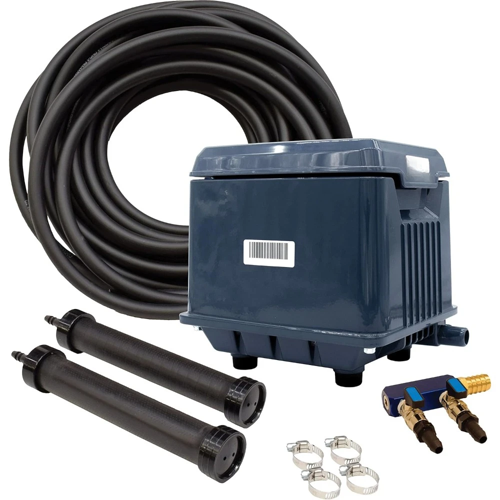 LA2 KLC Koi Pond Aeration Kit 2000-15000 Gallon Pond Dual Linear Diaphragm Compressor 50’ of ⅜” Quick Sink Tubing Rubber