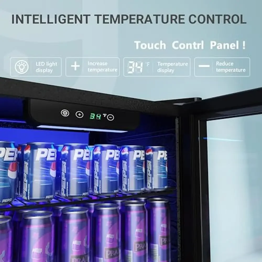 Glass Door Beverage Mini Fridge Cooler with Adjustable Shelves 126 Can Capacity Quiet Advanced Cooling System LED Lighting