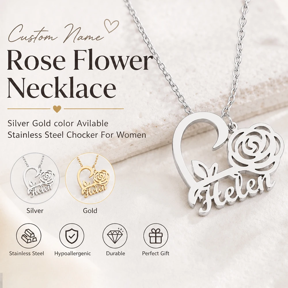 Custom Name Necklace Rose Flower Customized Namplete Chocker Chain For Women Stainless Steel Jewelry Gift For Girlfriend Wife