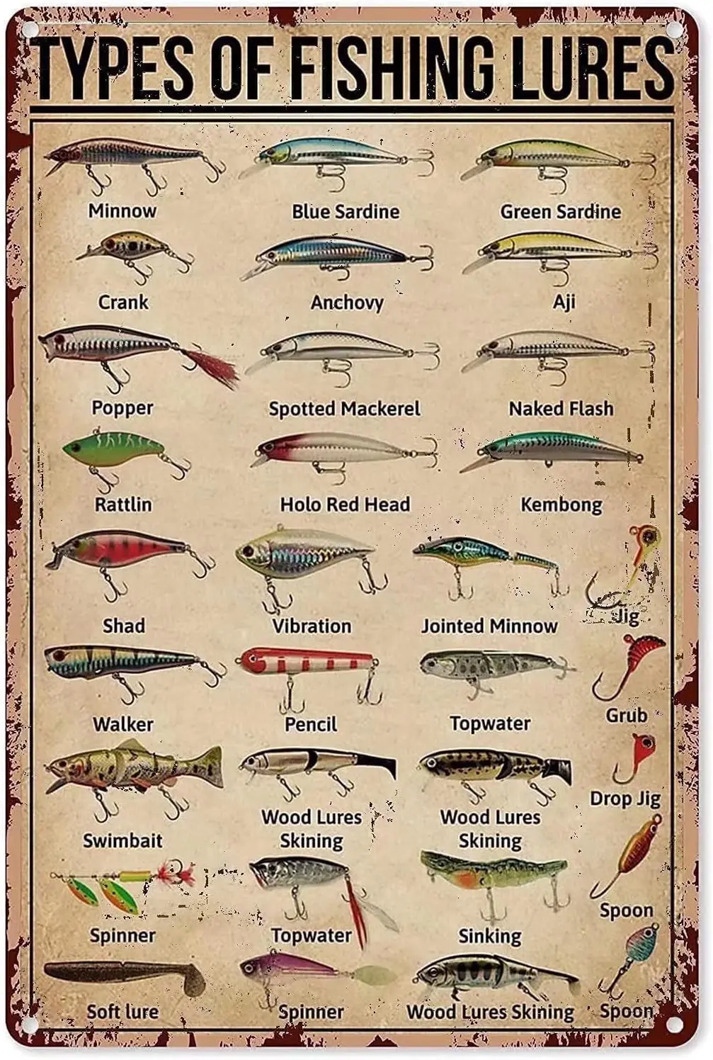 Types Of Fishing Lures New Metal Tin Sign Retro Style Metal Poster Tin Sign Vintage Wall Decor for Cafe Bar Pub Home