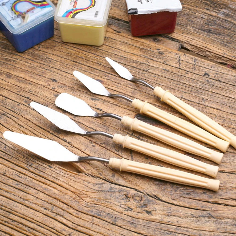 

5-Piece Oil Painting Knife Set Stainless Steel Plastic Pigment Scraper Spatula Color Mixing Tool for Artists Craft Art Supplies