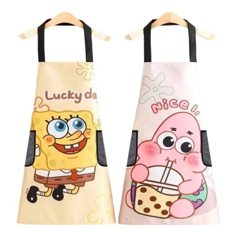 Delantal de cocina con motivos de Bob Esponja, impermeable, resistente al aceite y a las manchas, ideal para cocinar en casa y con bolsillo para guardar utensilios de limpieza.