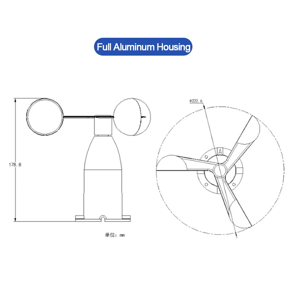 0-30m/s Aluminum Alloy Wind Speed Sensor RS485 0-5V Pulse 0-10V 4-20MA Output High Precision Wind Speed Detector Transmitter