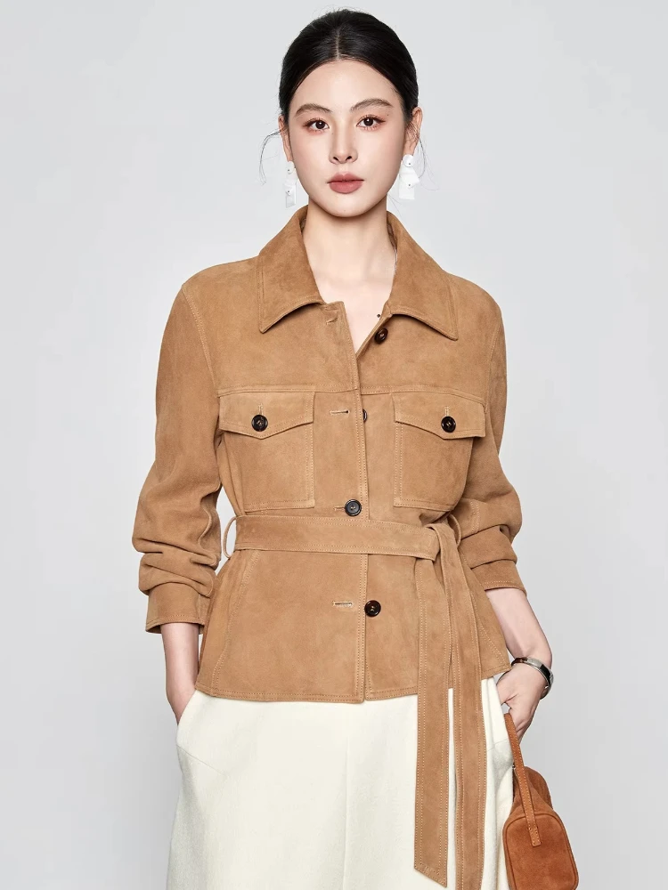 

Vintage Genuine Leather Jackets for Women Spring Autumn 2026 New High-end Simple Slim Short Real Sheepskin Suede Coat with Belt