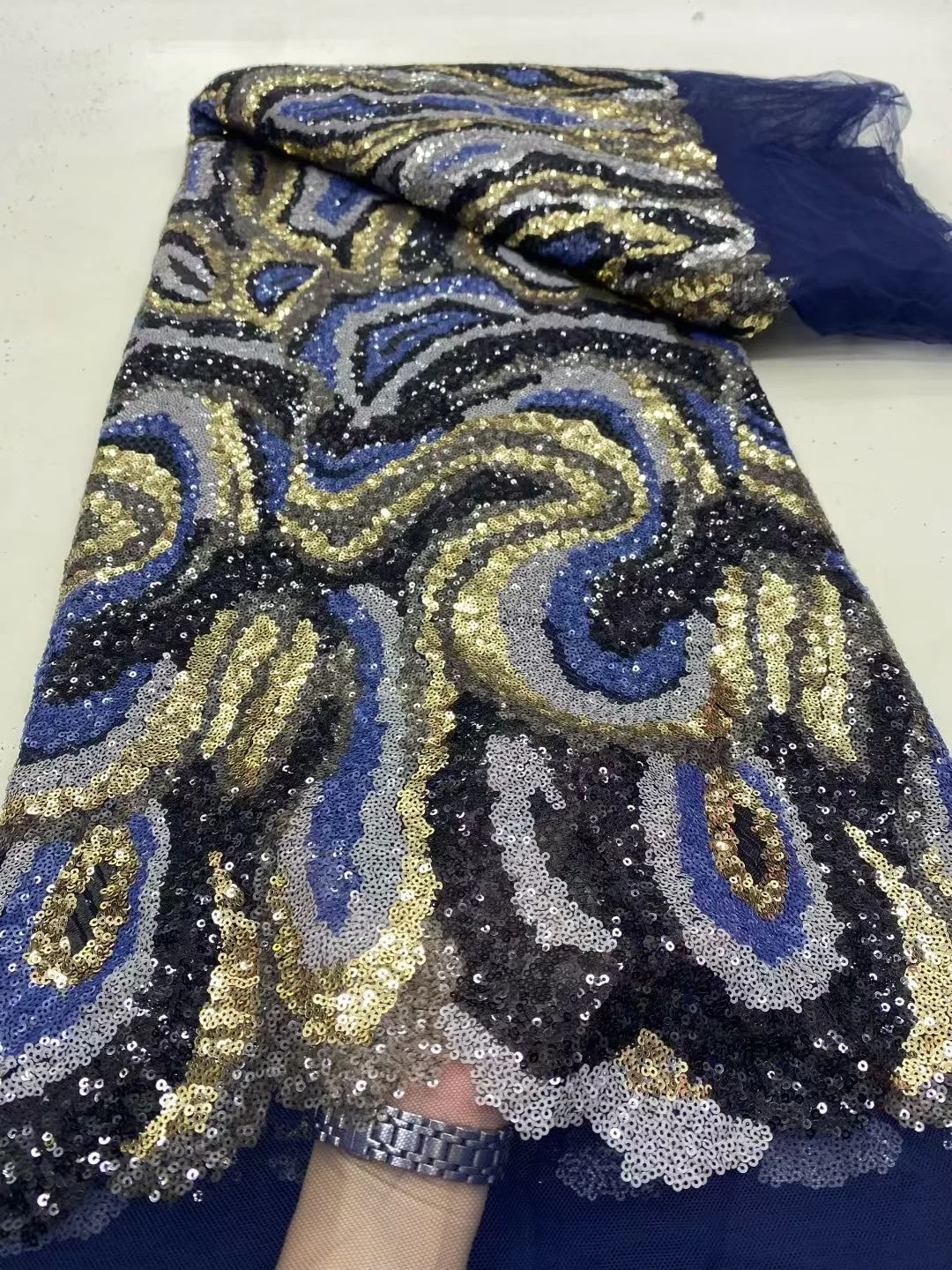 

2025 African Nigerian High-Quality Sequins Embroidery Tulle Lace Fabric Sewing Beads Stone for Prom Dresses 5Yards DP0454