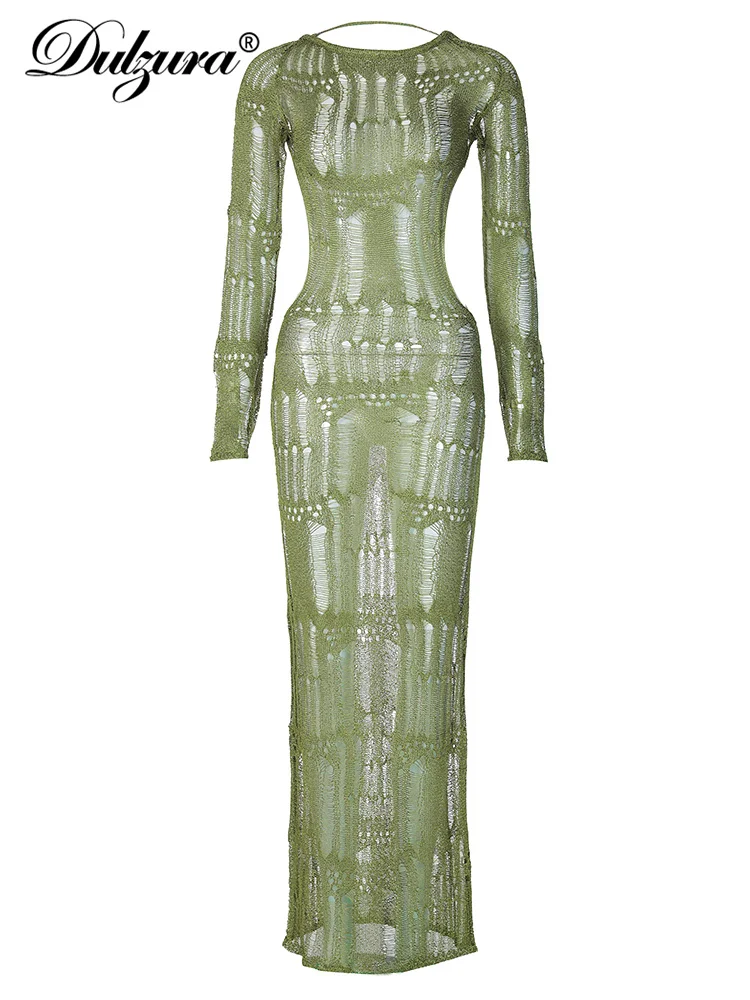 Dulzura Gebreide Gehaakte Vrouwen Jurken Uitgesneden Backless Lange Mouw Holle Maxi Jurk Sexy Party Club Nachtje Uit Evenementen Y2K Kleding