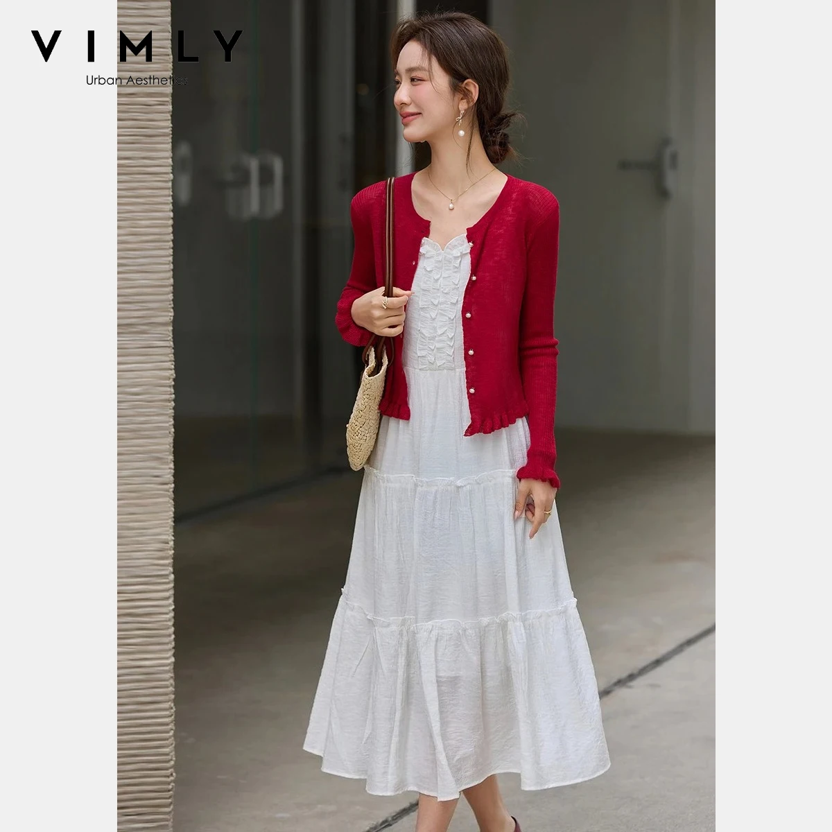 

VIMLY Women's Elegant Office Dress Sets 2026 Spring New Fashion Red Knit Cardigan V-Neck Camisole Midi Dress 2 Piece Set 30698