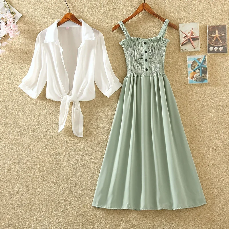 Retro High-waisted Slimming Base Strapped Dress Two-Piece Set Summer Wear for Women New Dress Outfit Women Dress