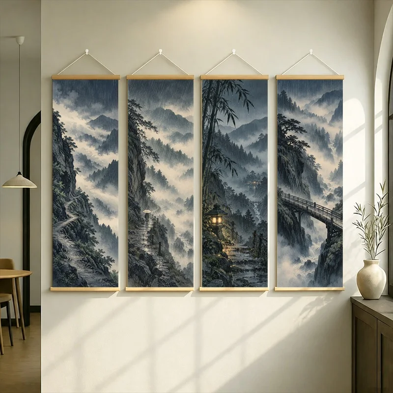Misty Mountain Bridge Hanging Scroll with Pine Trees in a Dramatic Blue Gray Ink Wash Landscape Style for a Living Room
