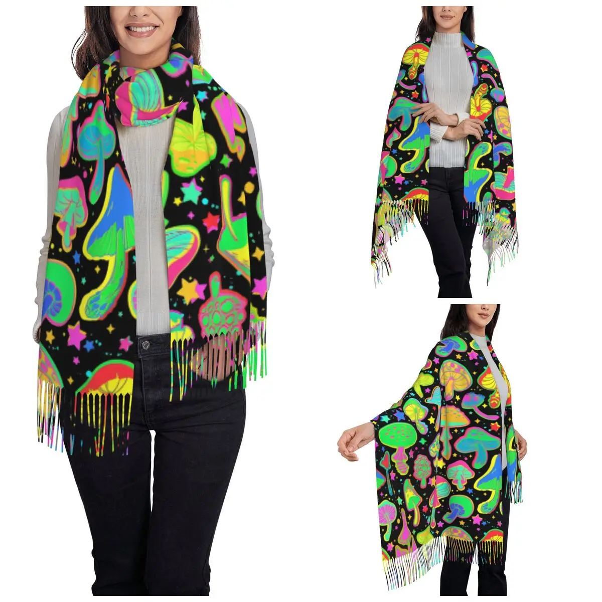 Psychedelic Mushrooms Shawl Wrap for Womens Winter Single-sided Pattern Scarf Pashminas Shawl Scarves
