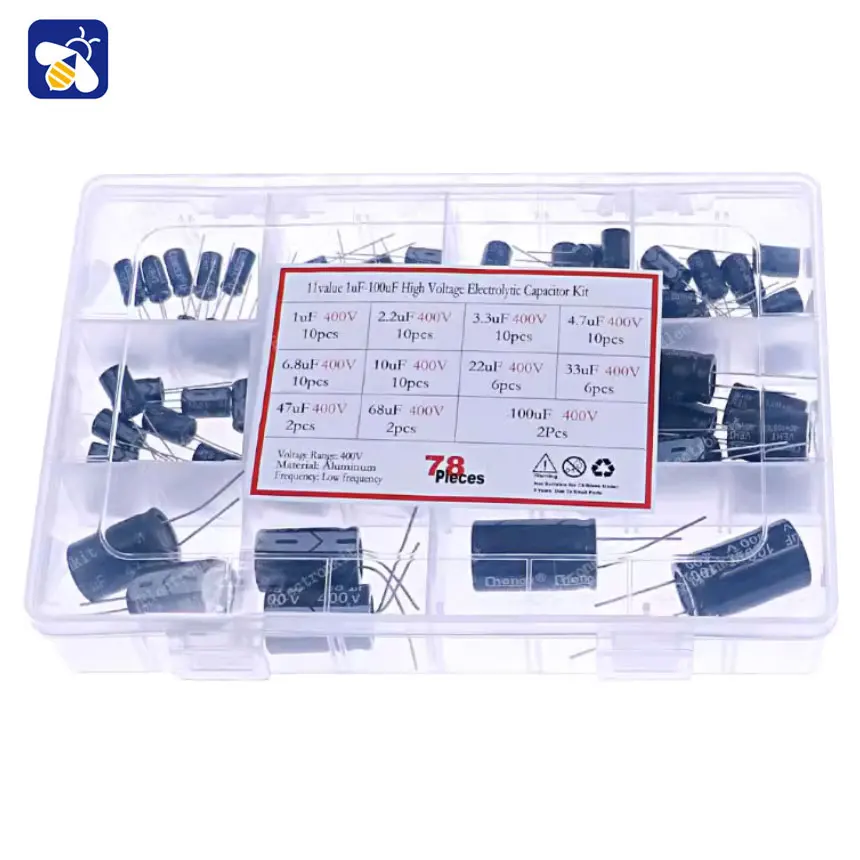 78 pcs of 11 sizes (1uF - 100uF) High Voltage 400V Inline Capacitors Mixed Electrolytic Capacitor Set