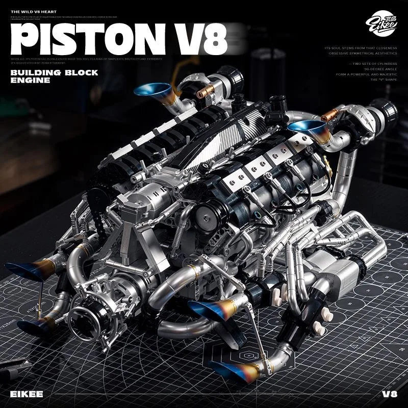 MOC Supercar V8 Engine Building Blocks Kit-2773Pcs Batmobile Engine Technology Model Twin-Turbo 8-Cyl Mechanical Engineering Set