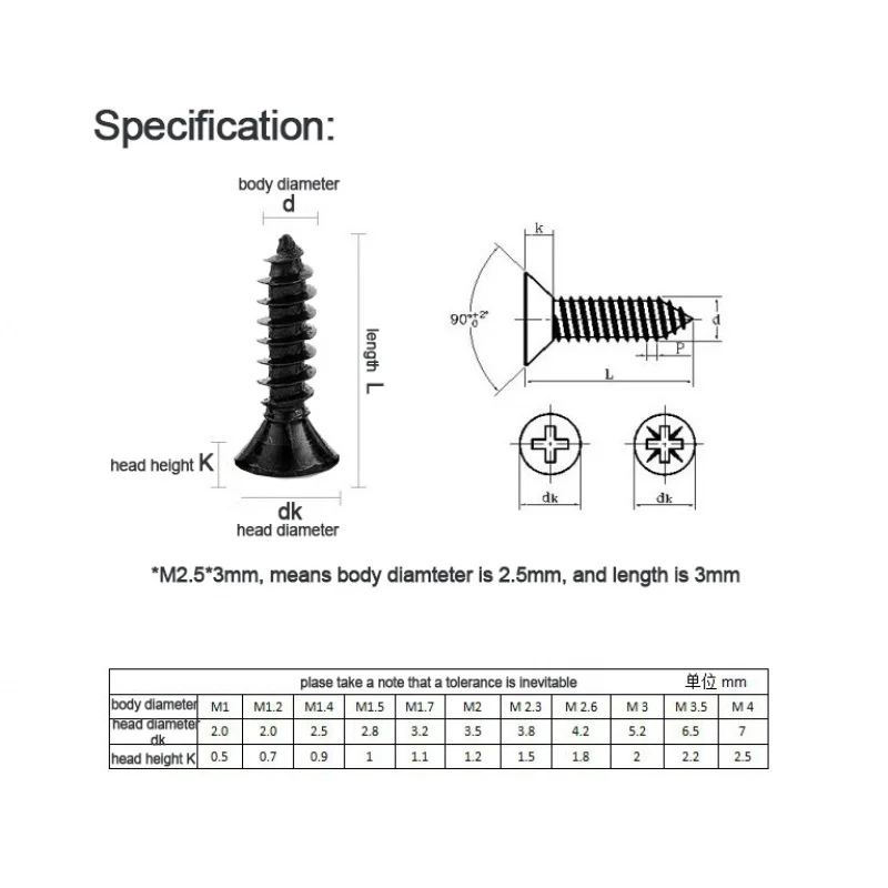 100pcs/lot M1.2 M 1.3 M1.4 M1.6 M1.7 1.8 M2.2 2.6 černá uhlík ocel phillips plochý zapuštěný mini samořezný lodní šroub