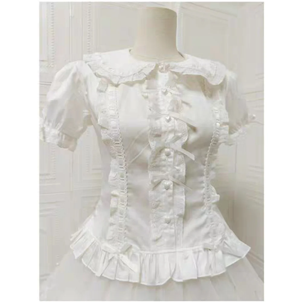 Preppy Stijl Leuke Peter Pan Kraag Kanten Ruches JK Shirts Lolita Shirt Vrouwen Boog Slanke Blouses Meisje Bladerdeeg Mouw Blusas Mujer Tops