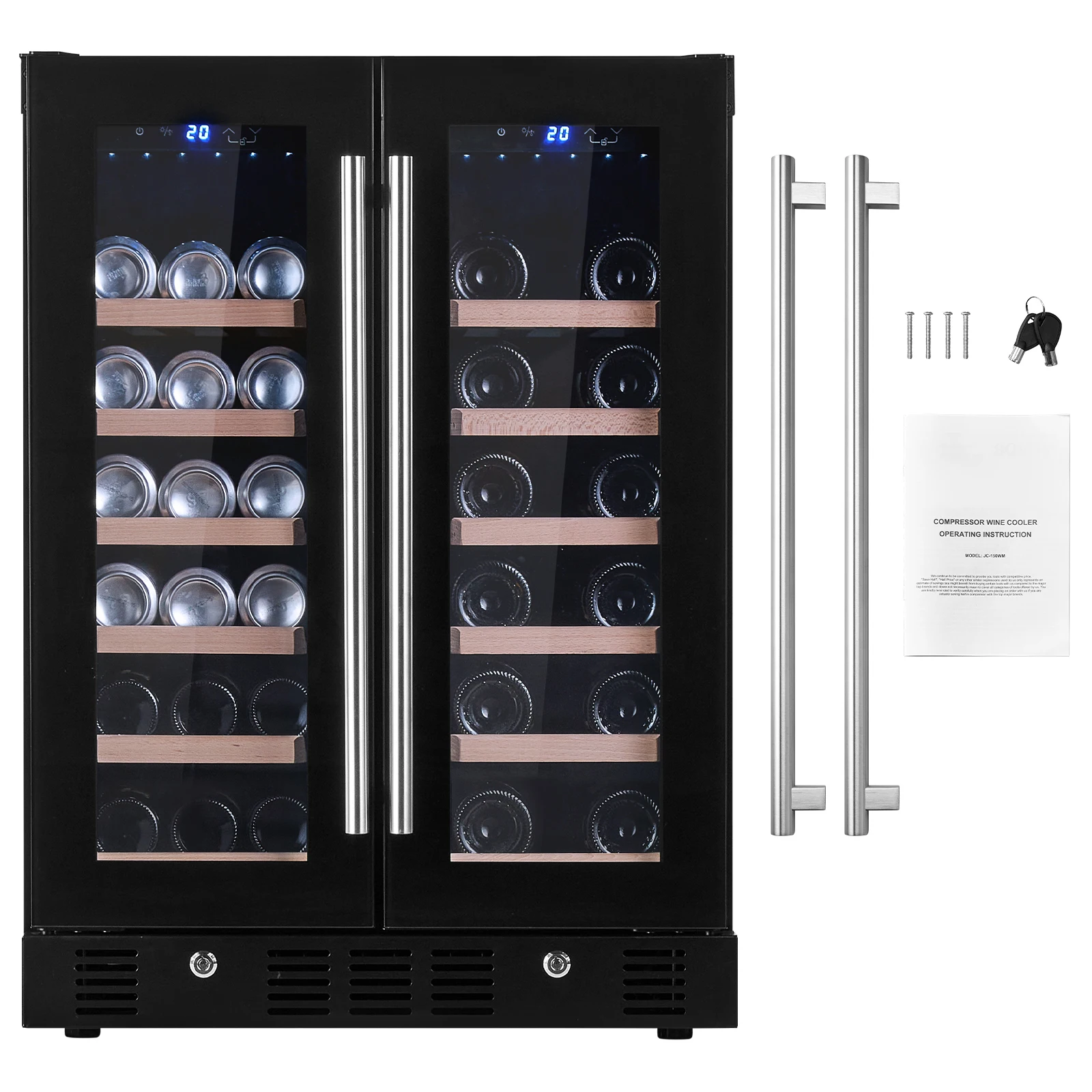 VEVOR-refrigerador de 24 "para vino y bebidas, 78 latas y 20 botellas, puerta de vidrio templado de doble zona, Control de temperatura Digital, luz LED azul