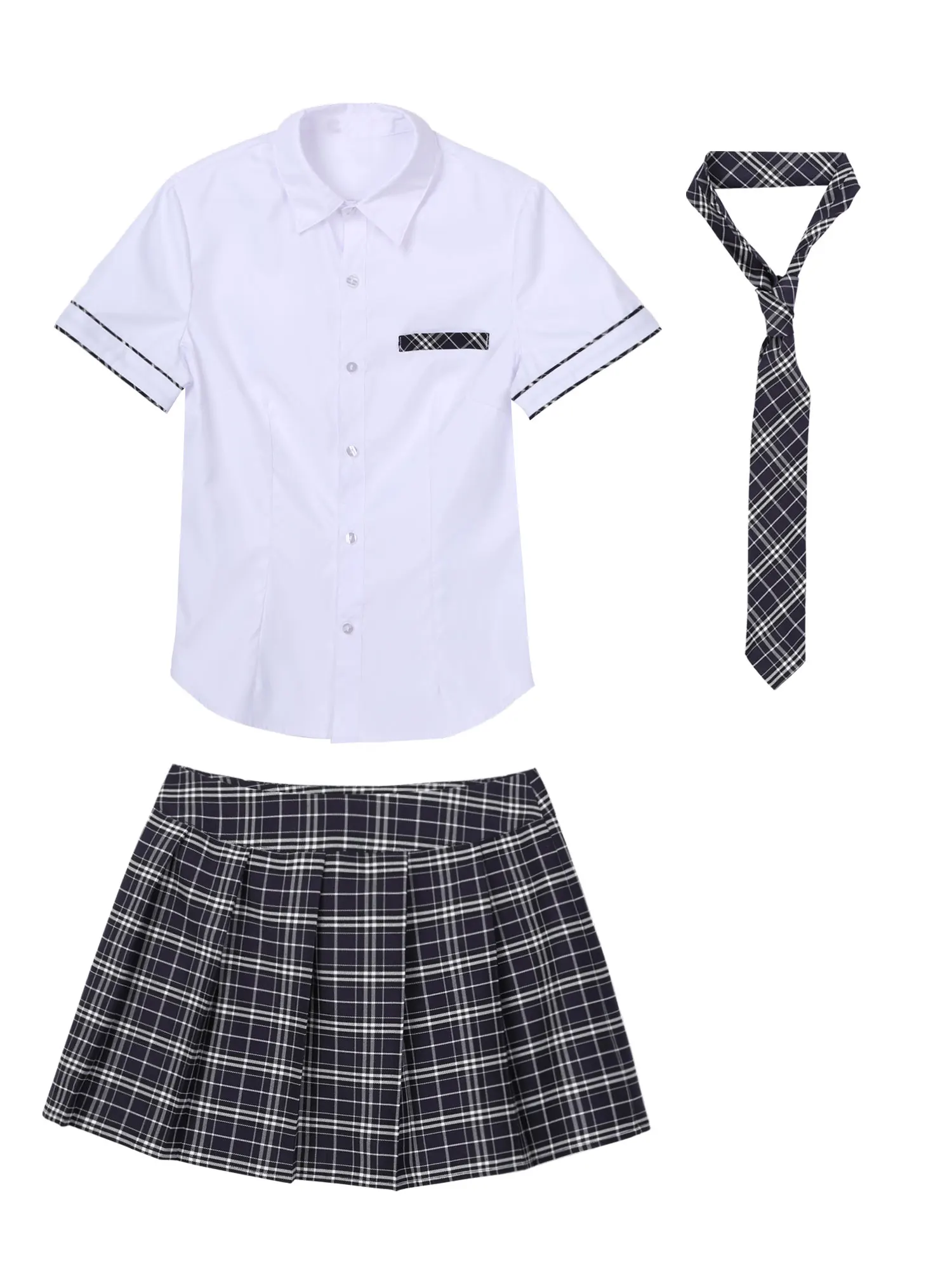 Women Schoolgirls Cosplay Costume Sexy School Uniform Short Sleeve Shirt with Plaid Skirt Tie for Halloween Carnival Club Party