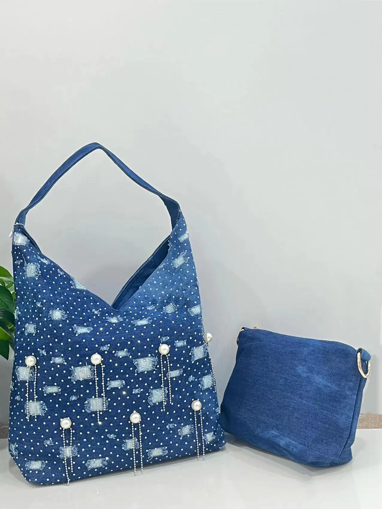 Fashion Y2K Pearls Tassels Women Bag Vintage Broken Jeans Casual Denim Handbag Lady Large Capacity Jeans Tote  Shoulder  Bag