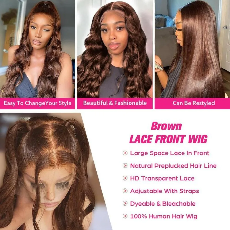 الشوكولاته براون خصلات الشعر المستعار الإنسان 13X6 Hd الدانتيل الباروكة الأمامية الملونة الجسم موجة الدانتيل شعر مستعار أمامي قبل قطعها البرازيلي الأصلي 30 بوصة