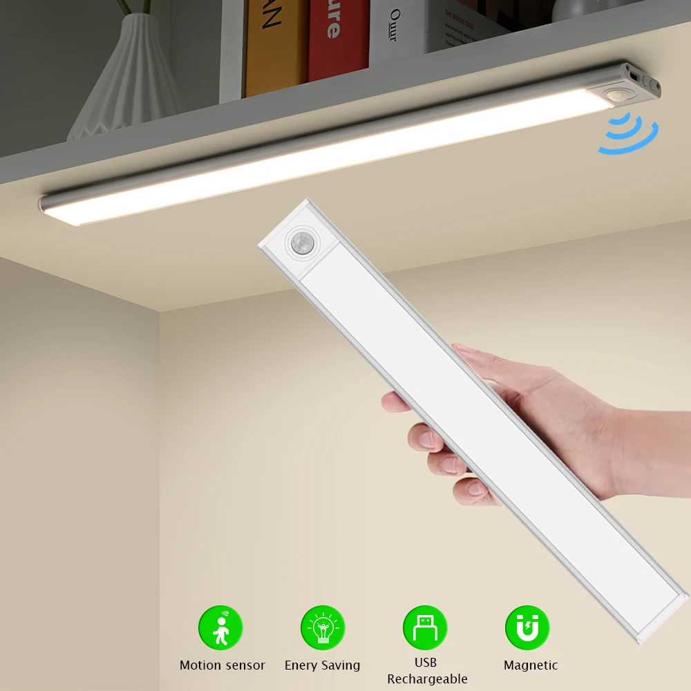 PIR Motion Sensor USB Rechargeable Magnetic Night Lamp Dimmable 20 30 40 60 80CM 3 Colours Kitchen LED Under Cabinet Lighting