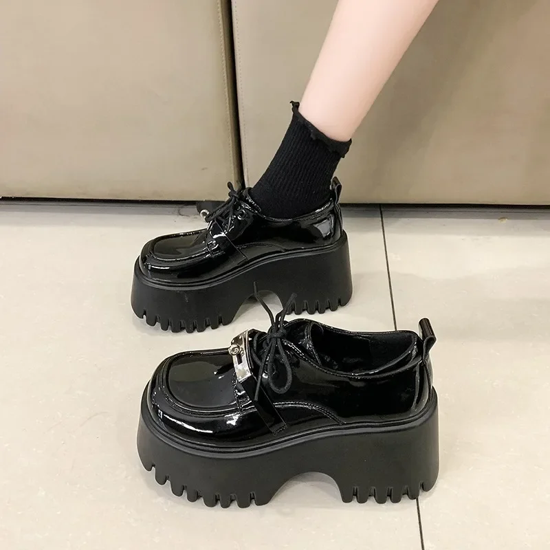 8CM Lolita buty damskie Mary Jane wiązane mokasyny dziewczęce jednolite buty na wysokich obcasach na platformie buty biurowe buty damskie Cosplay