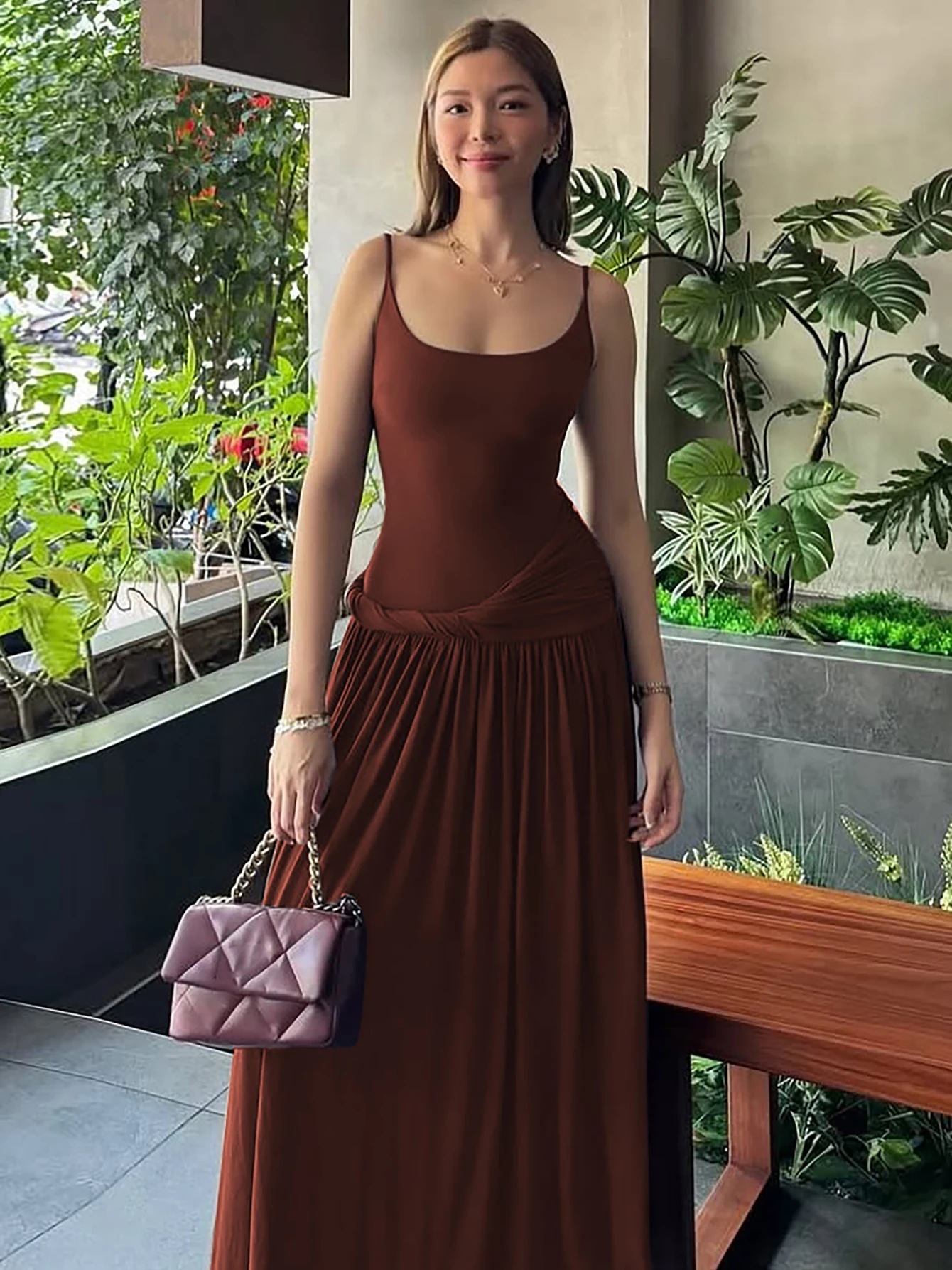 

Ele Color Knot Detail ter Dr Slimming Long Evening Gown for Summer Faionable Polyester Spandex Blend