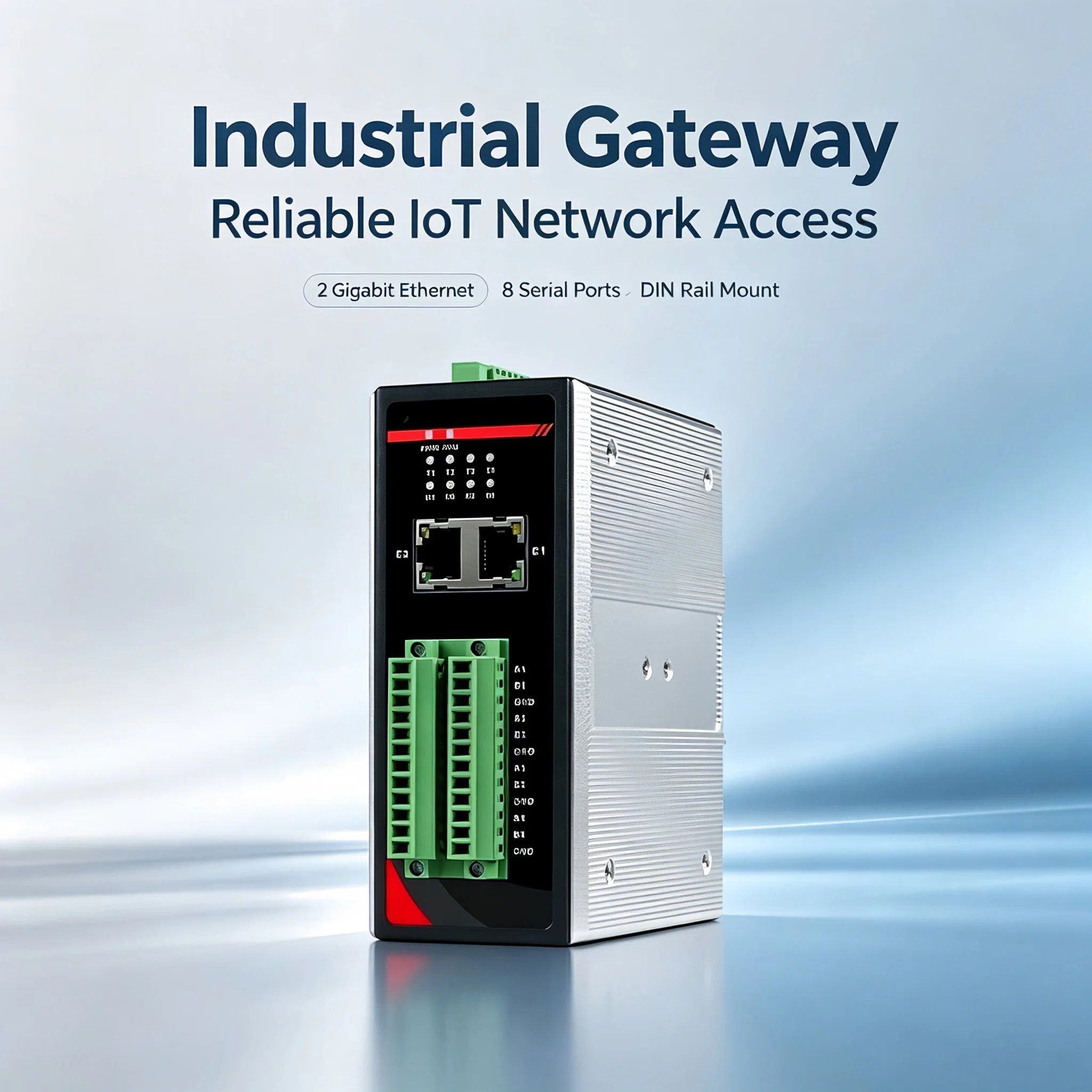 DIN rail type industrial Modbus IoT gateway 2 Gigabit Ethernet ports 8 photoelectric isolation RS232/485 ports TCP